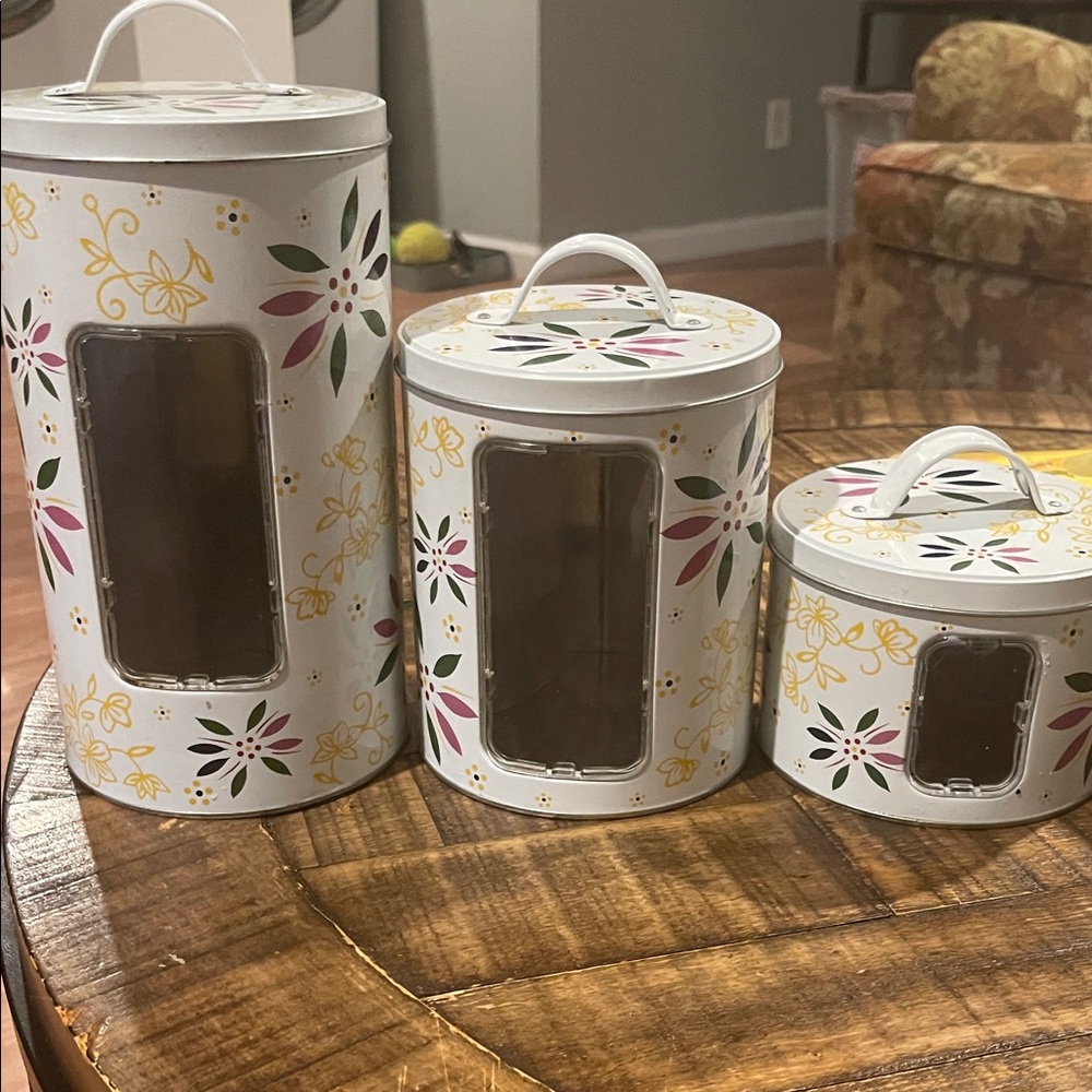 Temptations White Floral Metal Canister Set with Clear Windows - 3 Piece